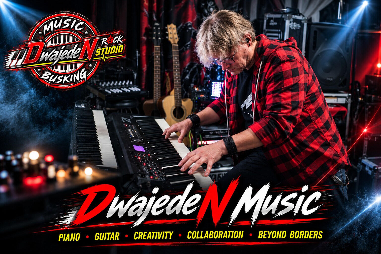 DwajedeN Music - Official Website Banner DwajedeN Music - pianist and guitarist performing at a keyboard, with the DwajedeN Music logo and international collaboration slogan.